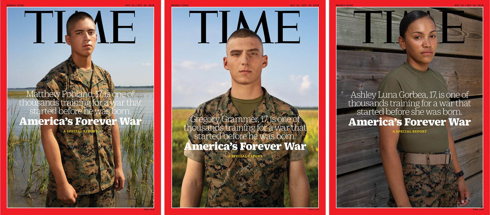 Three alternate TIME magazine covers for the October 21/28, 2019 double issue, America’s Forever War, featuring young U.S. Marine recruits.