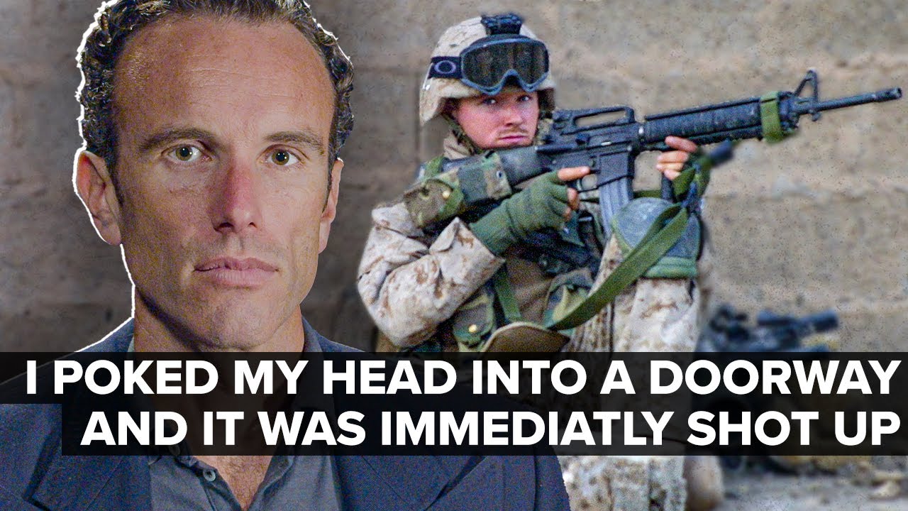 Thumbnail for an American Veterans Center interview featuring Elliot Ackerman discussing the Second Battle of Fallujah, with a portrait of Ackerman beside an image of a U.S. Marine aiming an M16 rifle during urban combat in Iraq.