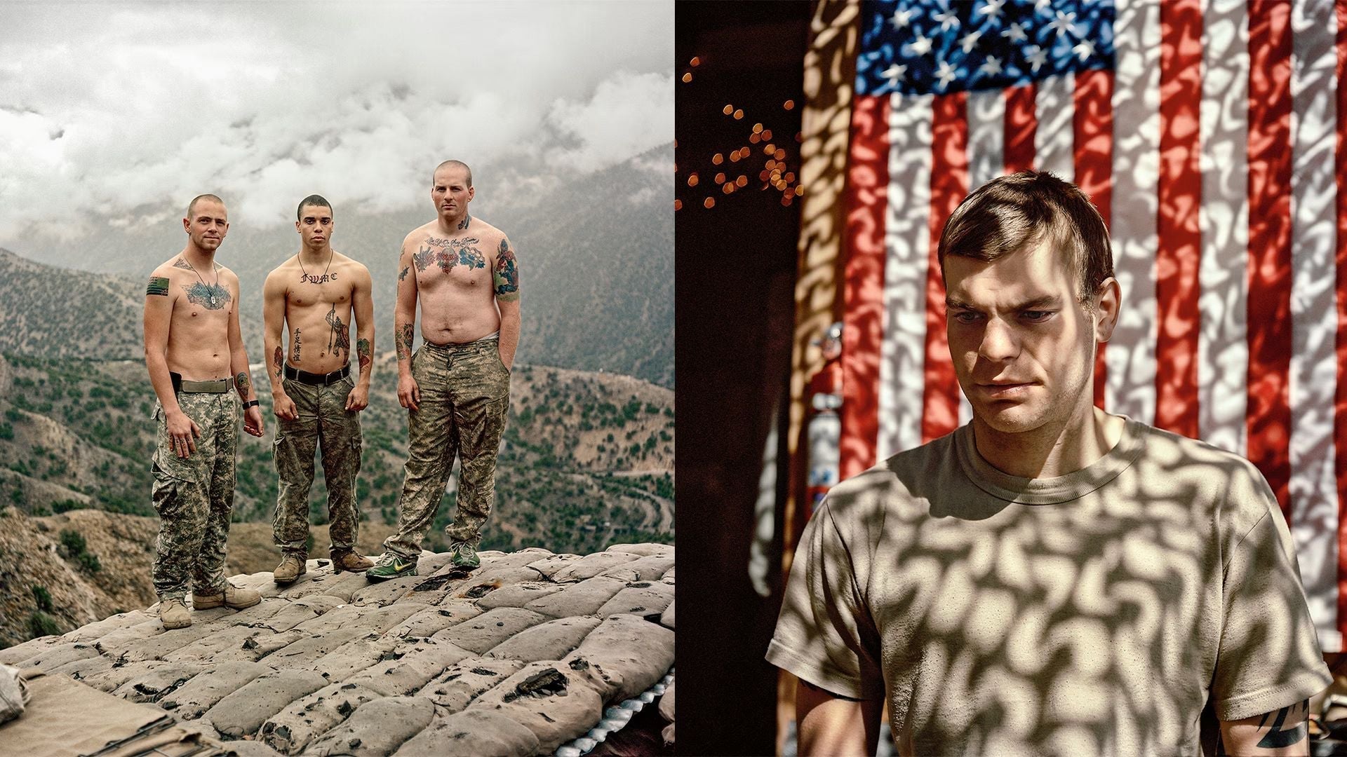 Diptych of American service members photographed in Afghanistan by Adam Ferguson.