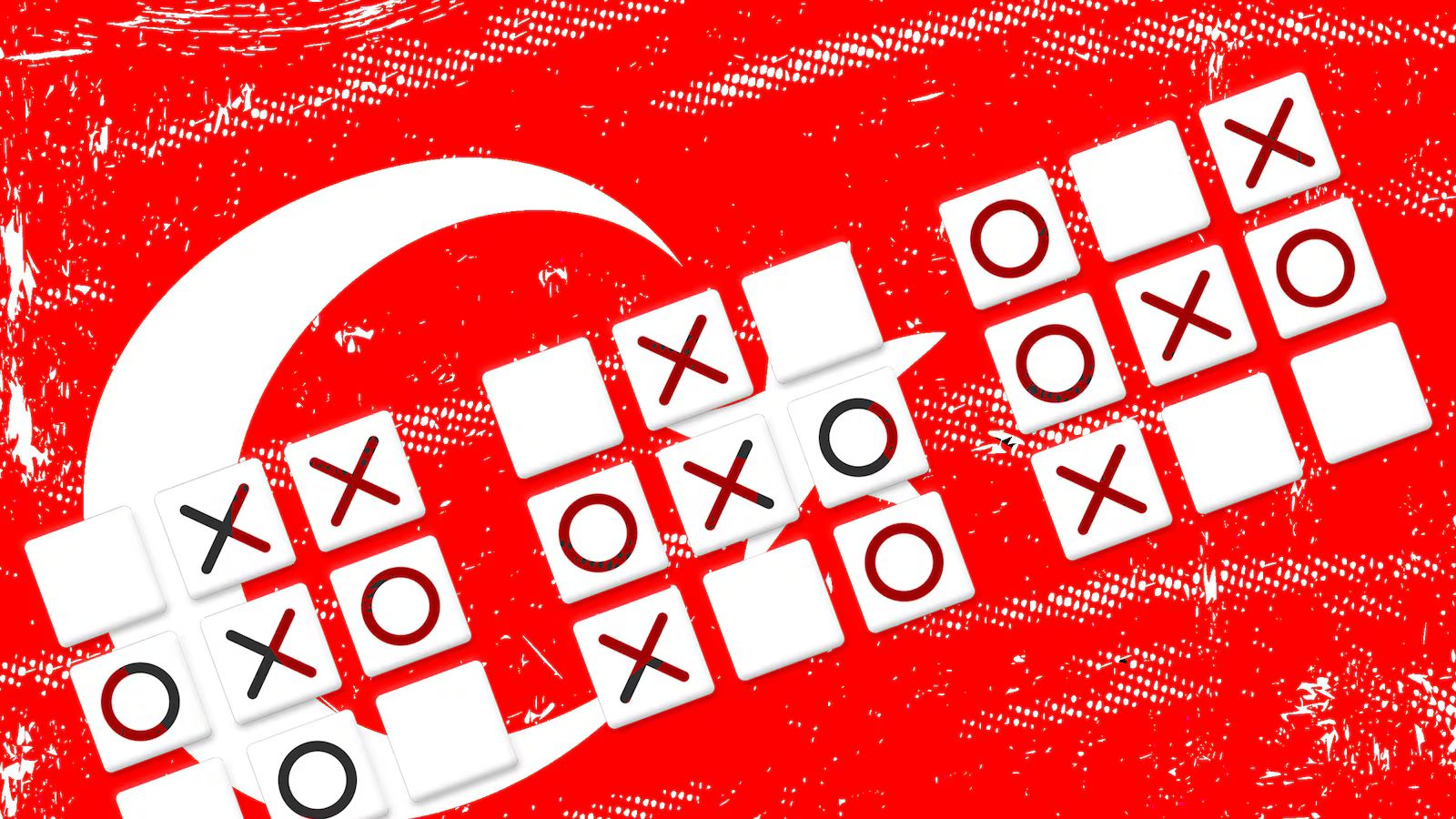 Stylized illustration featuring a red background with the white crescent and star of the Turkish flag overlaid by several unfinished tic-tac-toe boards.