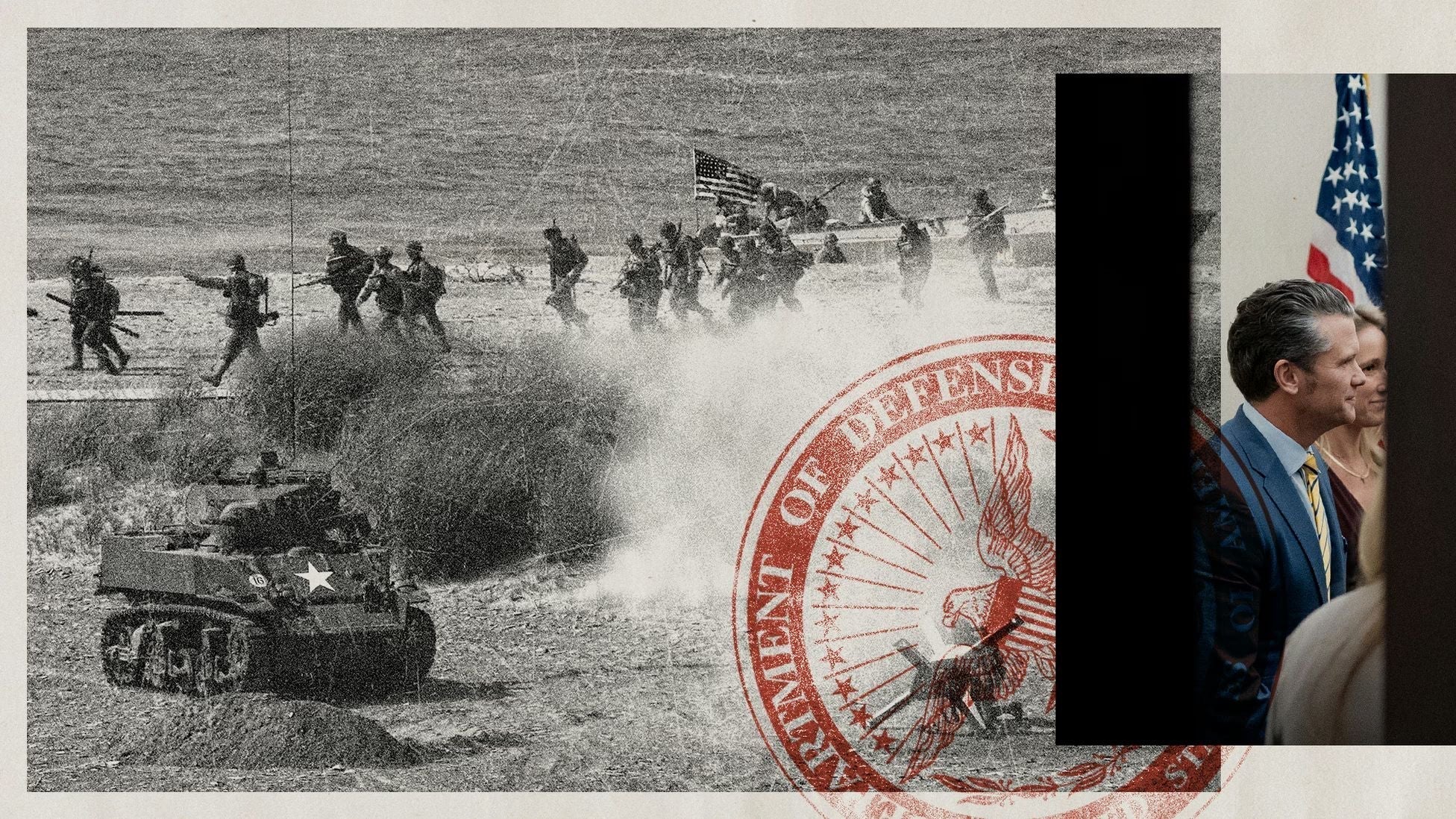 Composite illustration accompanying Elliot Ackerman’s essay Bring Back the War Department