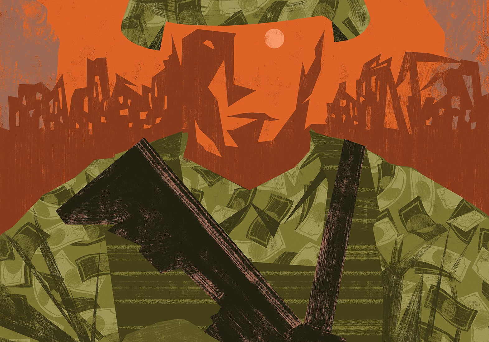 Illustration of a faceless soldier in a camouflage pattern made of dollar bills, standing before a burning city skyline.
