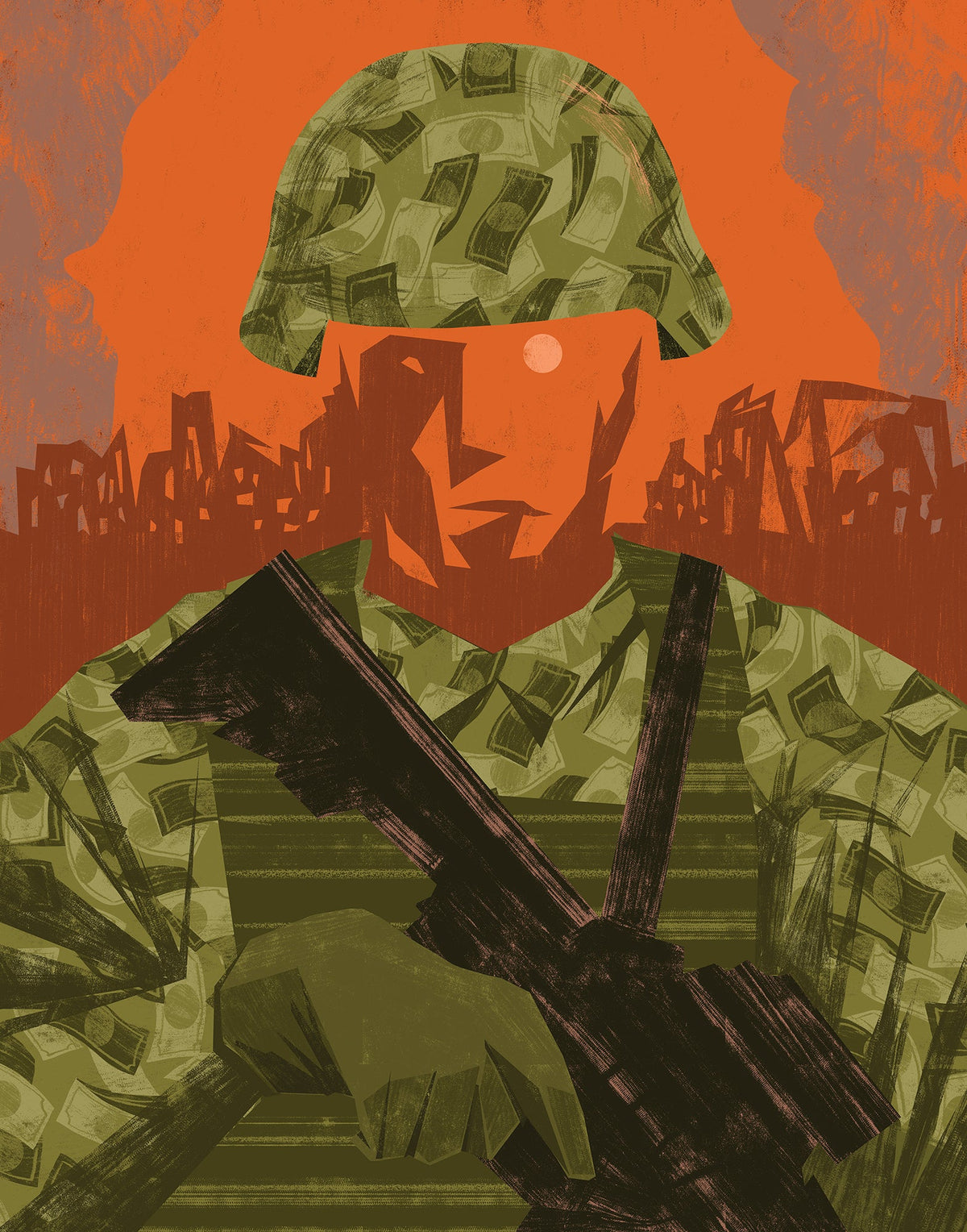 Illustration of a faceless soldier in a camouflage pattern made of dollar bills, standing before a burning city skyline.