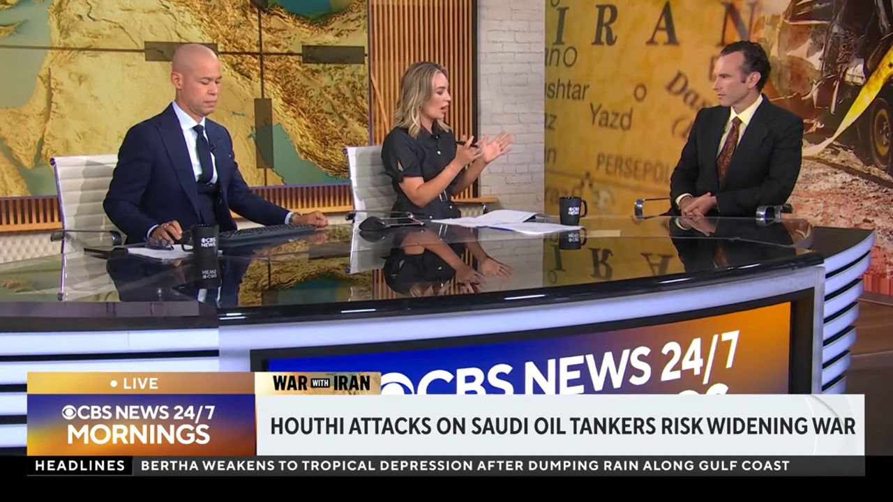 Elliot Ackerman appears on the CBS News 24/7 set during a live discussion about the Iran conflict