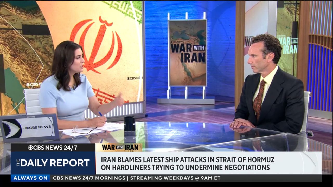 CBS News contributor Elliot Ackerman speaks with a CBS News anchor during a live studio interview about U.S.-Iran negotiations following attacks on commercial ships in the Strait of Hormuz.