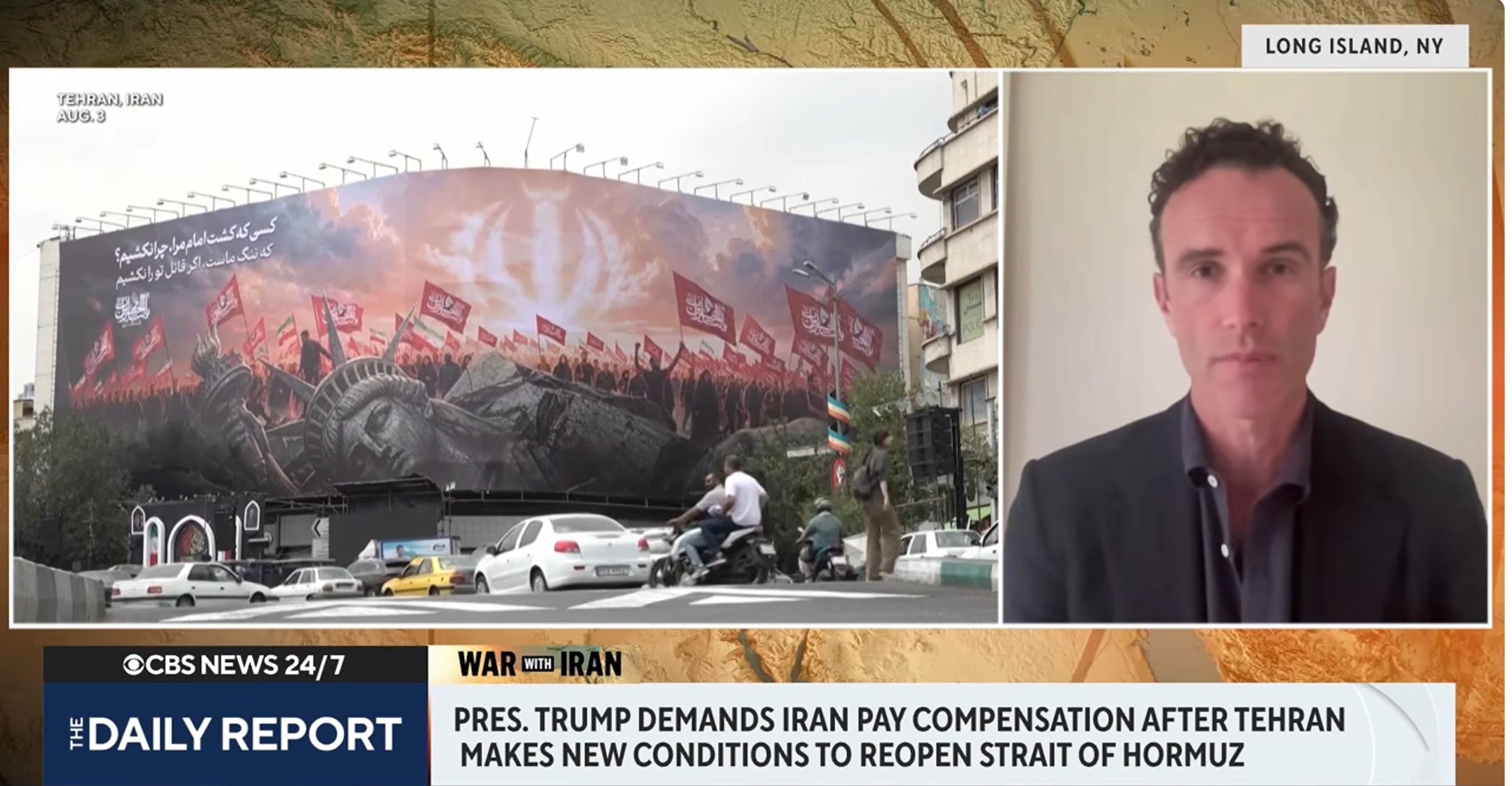 Elliot Ackerman discusses the evolving U.S.-Iran war and Strait of Hormuz on CBS News, alongside footage of an anti-American billboard in Tehran.