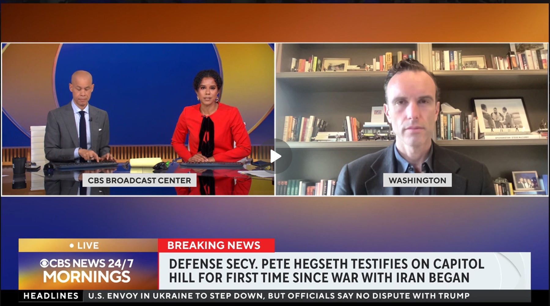 CBS News contributor Elliot Ackerman speaks remotely from Washington during a live CBS News segment discussing Defense Secretary Pete Hegseth, the proposed $1.5 trillion defense budget, Iran, and U.S. military strategy.