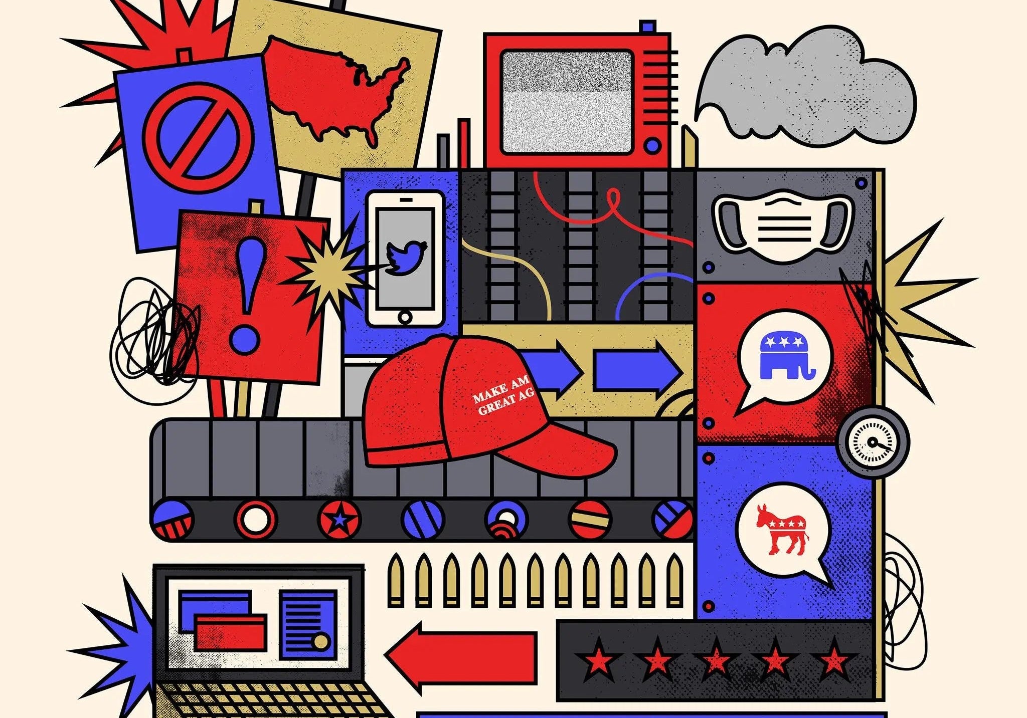 Illustrated collage representing America's political-industrial complex, featuring a red MAGA hat, Democratic and Republican party symbols