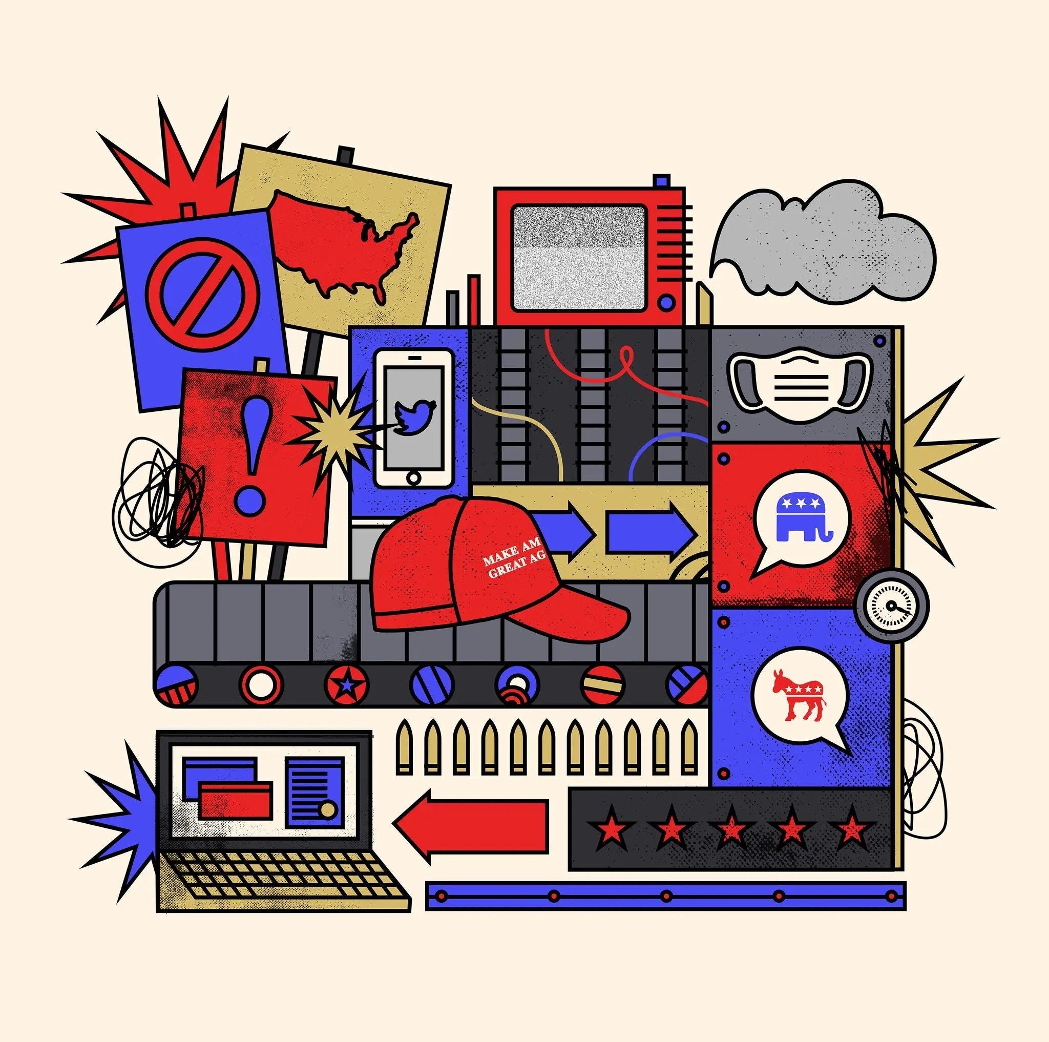 Illustrated collage representing America's political-industrial complex, featuring a red MAGA hat, Democratic and Republican party symbols