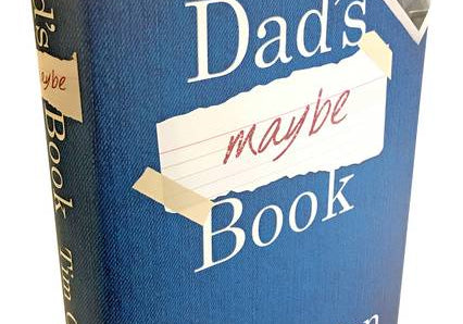 Hardcover of 'Dad's Maybe Book' by Tim O'Brien, with a denim-blue cover and a taped snapshot photo.