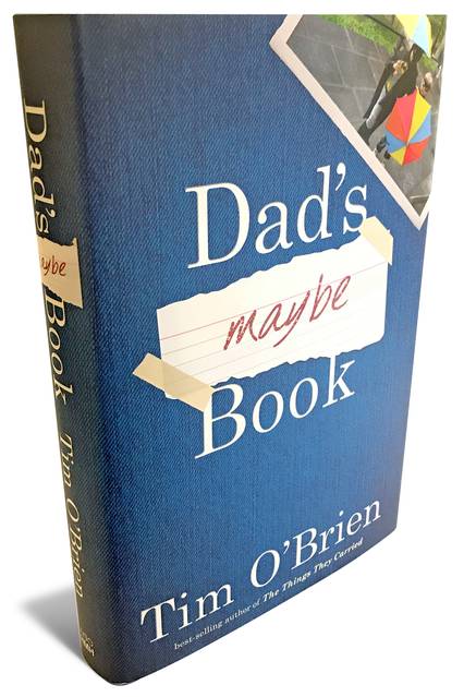 Hardcover of 'Dad's Maybe Book' by Tim O'Brien, with a denim-blue cover and a taped snapshot photo.