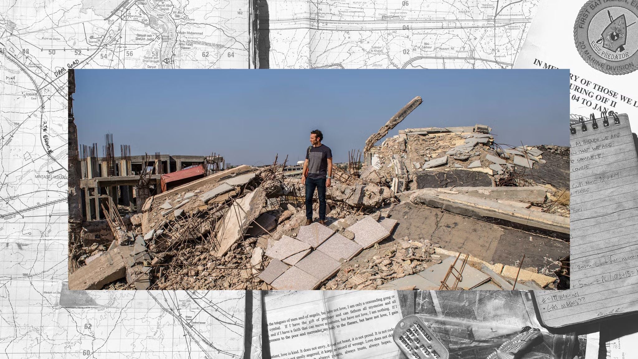 Elliot Ackerman stands atop the shattered ruins of the former Fallujah mayor's complex during his return to Iraq, surrounded by collapsed concrete and twisted rebar from the Second Battle of Fallujah.
