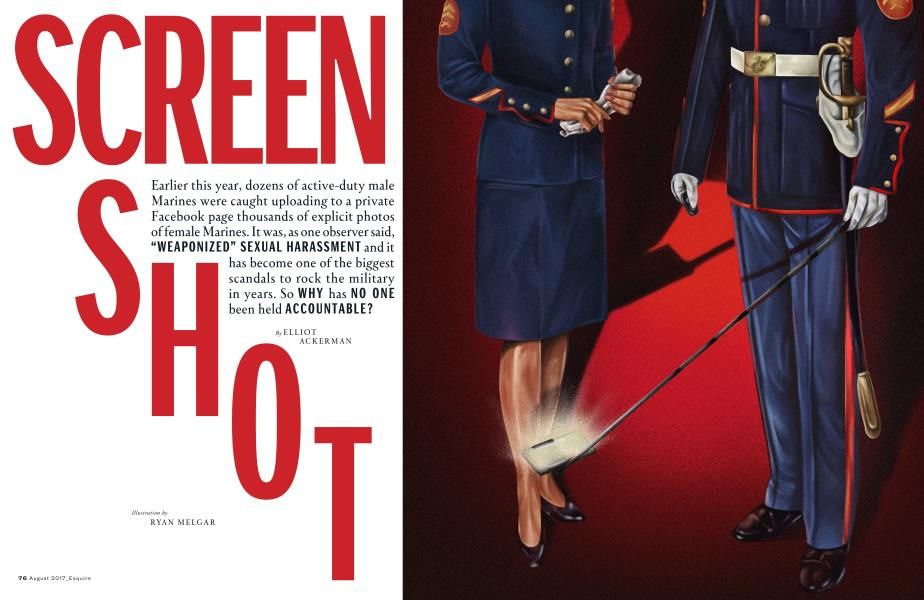 Illustrated opening spread of Elliot Ackerman's 2017 Esquire essay "Screen Shot," featuring the bold red title alongside artwork of a male and female U.S. Marine in dress blue uniforms.