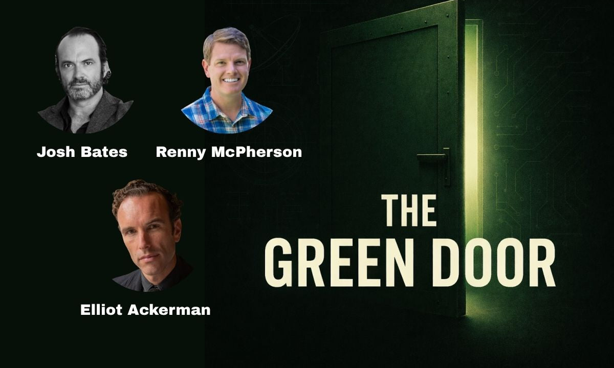The Green Door Podcast promotional graphic featuring hosts Josh Bates and Renny McPherson alongside bestselling author, former Marine officer, and former CIA officer Elliot Ackerman.