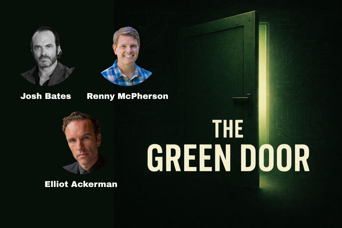 The Green Door Podcast promotional graphic featuring hosts Josh Bates and Renny McPherson alongside bestselling author, former Marine officer, and former CIA officer Elliot Ackerman.