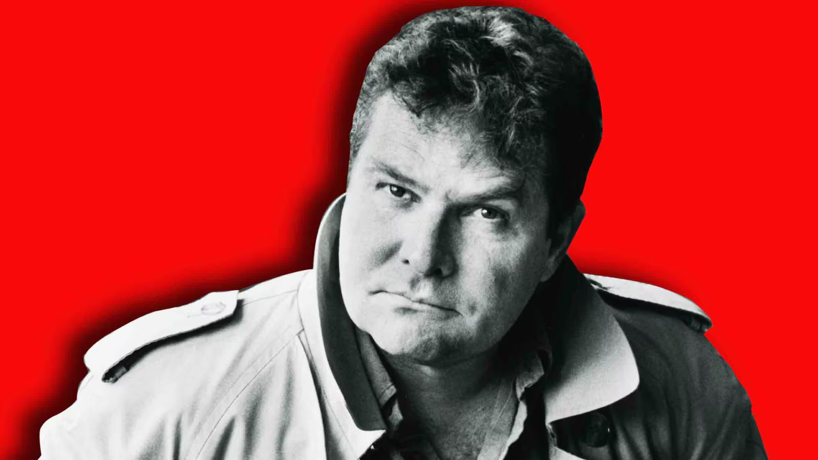Black-and-white portrait of acclaimed American novelist Denis Johnson against a vivid red background.