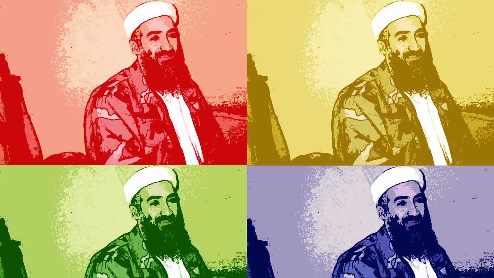 Pop art-style four-panel collage of Osama bin Laden in red, yellow, green, and purple color palettes, evoking Andy Warhol-inspired artwork.