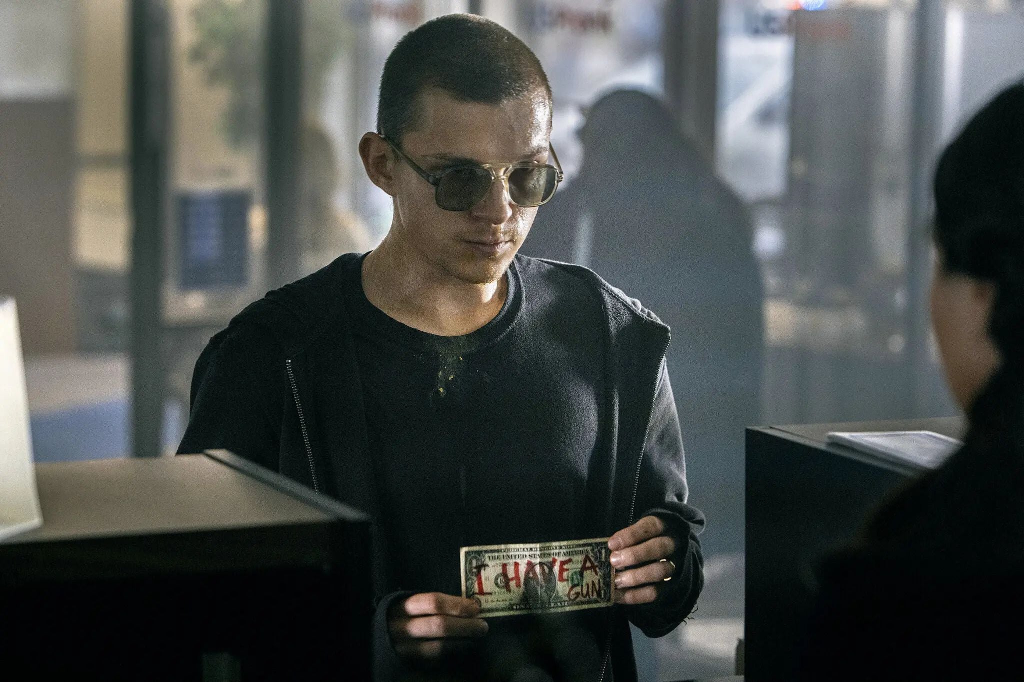 Scene from the film Cherry showing a young military veteran portrayed by Tom Holland
