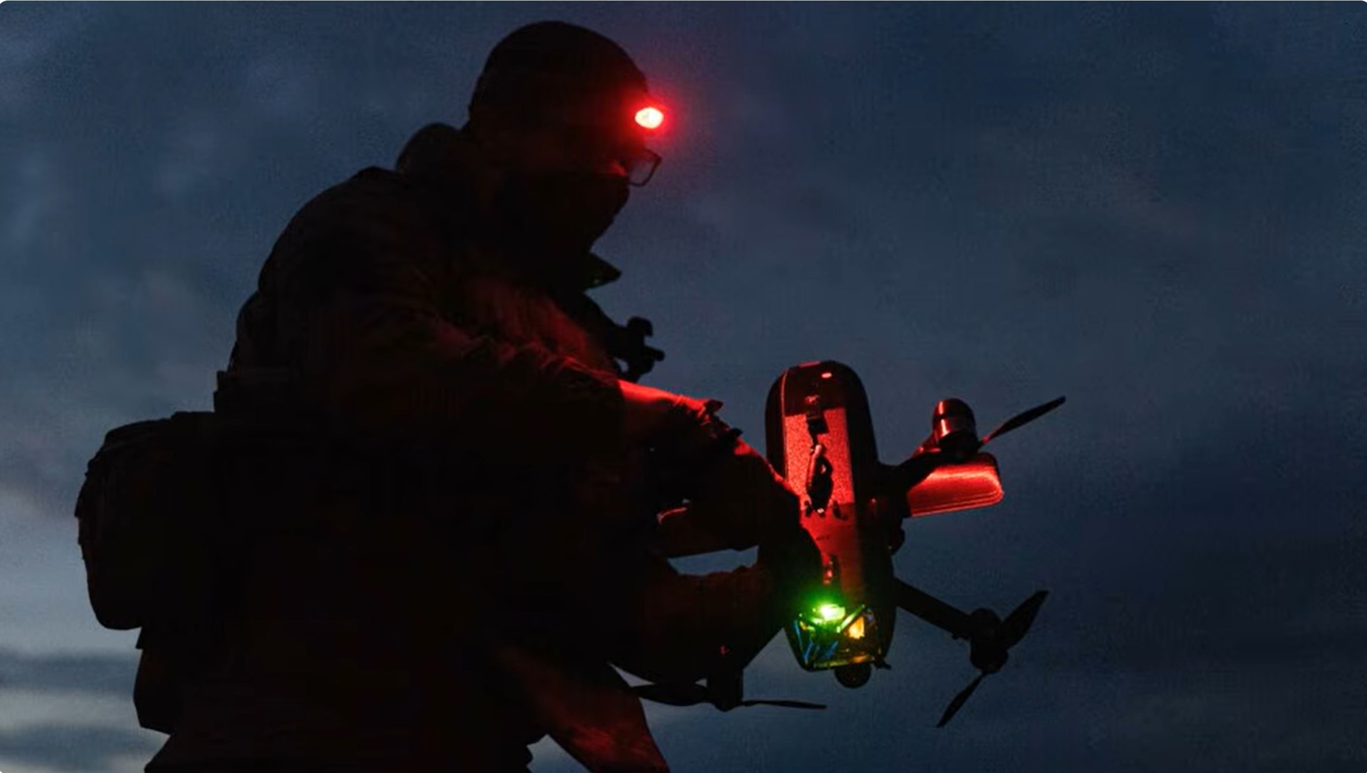 Soldier operating a military drone at night with illuminated red and green lights, symbolizing advanced drone warfare, surveillance technology, and the future of conflict envisioned in 2084