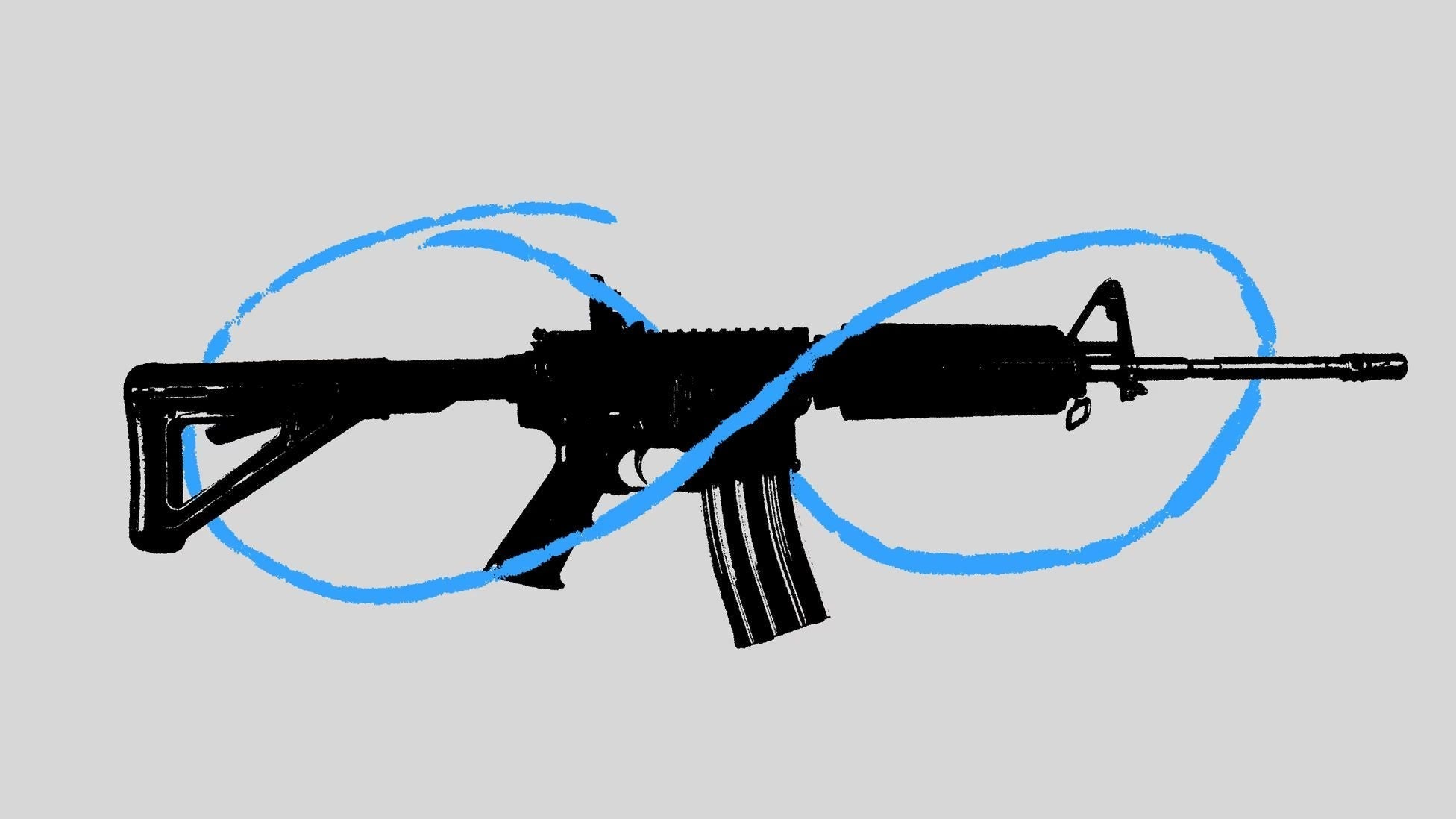 Stylized illustration of an AR-15-style rifle on a gray background, overlaid with a blue infinity symbol that loops around both ends of the firearm, symbolizing the recurring cycle of mass shootings, media attention, and gun violence in America.