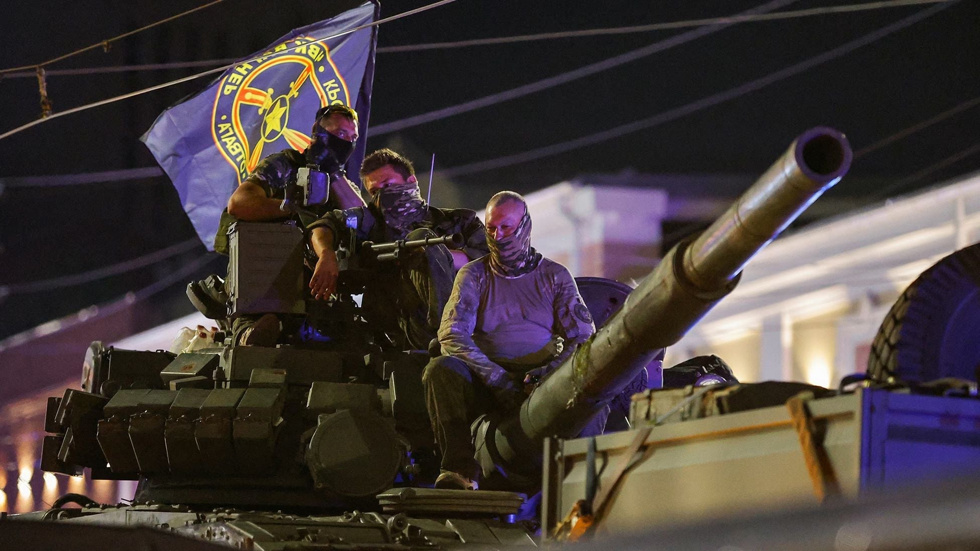 Wagner Group fighters ride atop a military vehicle in Rostov-on-Don during Yevgeny Prigozhin’s short-lived rebellion against the Russian government.