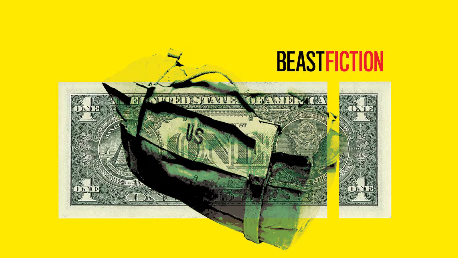 Illustrated promotional graphic for The Daily Beast's Beast Fiction series featuring a U.S. one-dollar bill split into three vertical sections against a bright yellow background.
