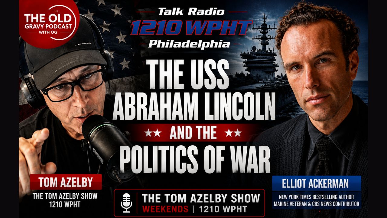 Tom Azelby and Elliot Ackerman featured in a 1210 WPHT interview graphic about the USS Abraham Lincoln, media coverage, and the politics of war.