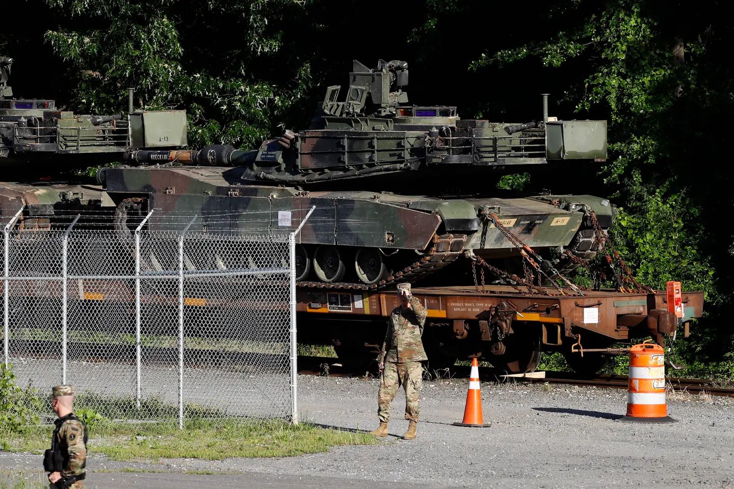 M1A1 Abrams tanks secured to railroad flatcars ahead of President Donald Trump's 2019 "Salute to America" Fourth of July celebration in Washington, D.C.