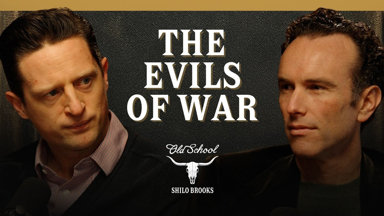 Elliot Ackerman and Shilo Brooks in conversation during an episode of Old School, with the title "The Evils of War" displayed between them as they discuss war, literature, and the enduring lessons of Catch-22.