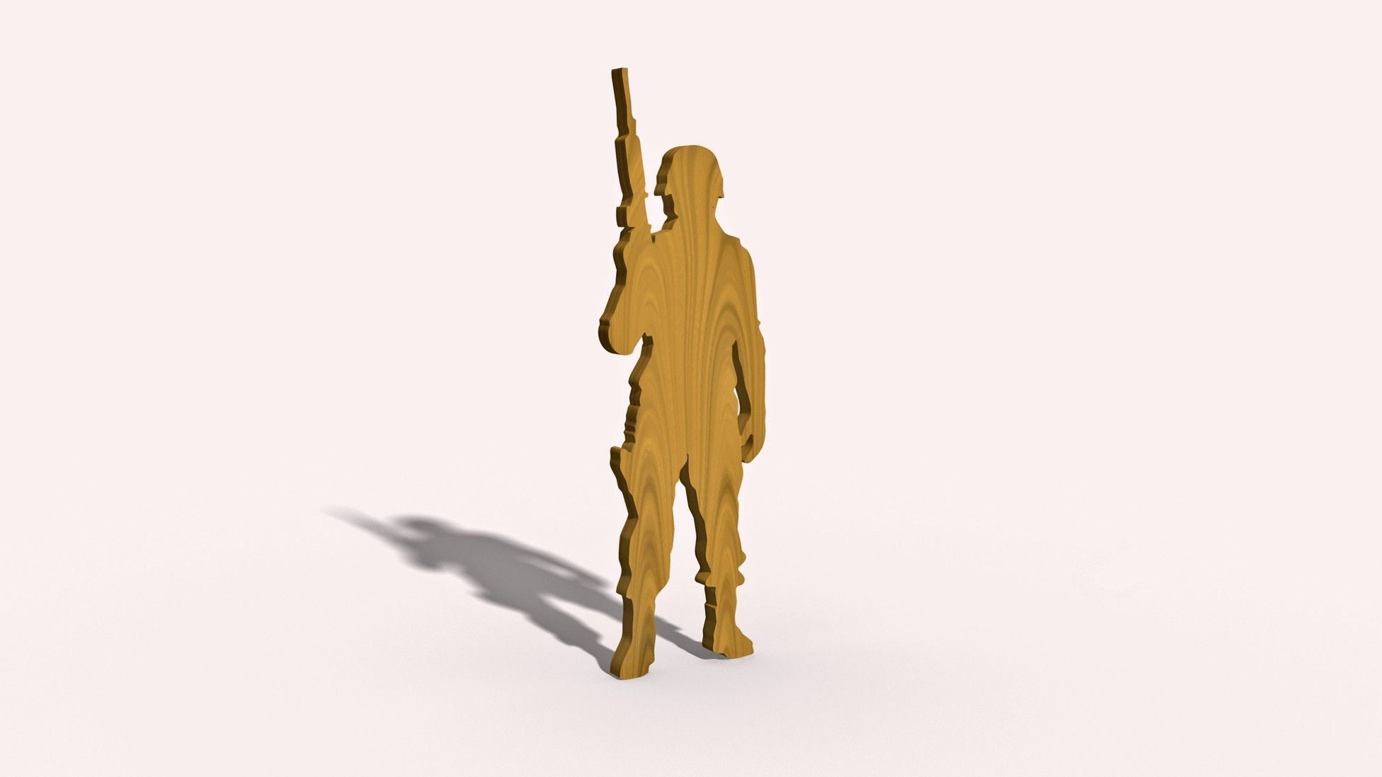 Wooden silhouette of a soldier holding a rifle, standing alone against a plain background.
