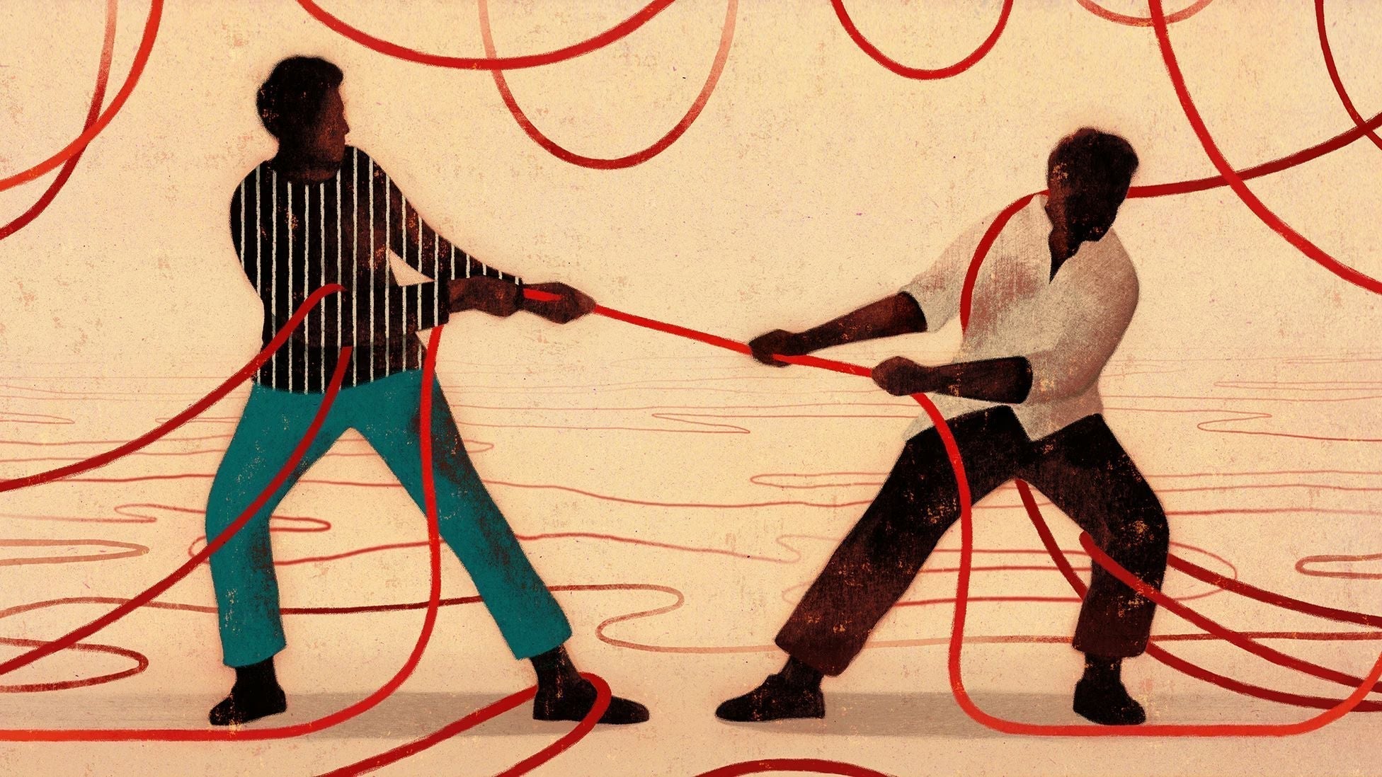 Illustration depicting two figures pulling opposing red lines, symbolizing geopolitical rivalry, strategic competition, and conflict between global powers