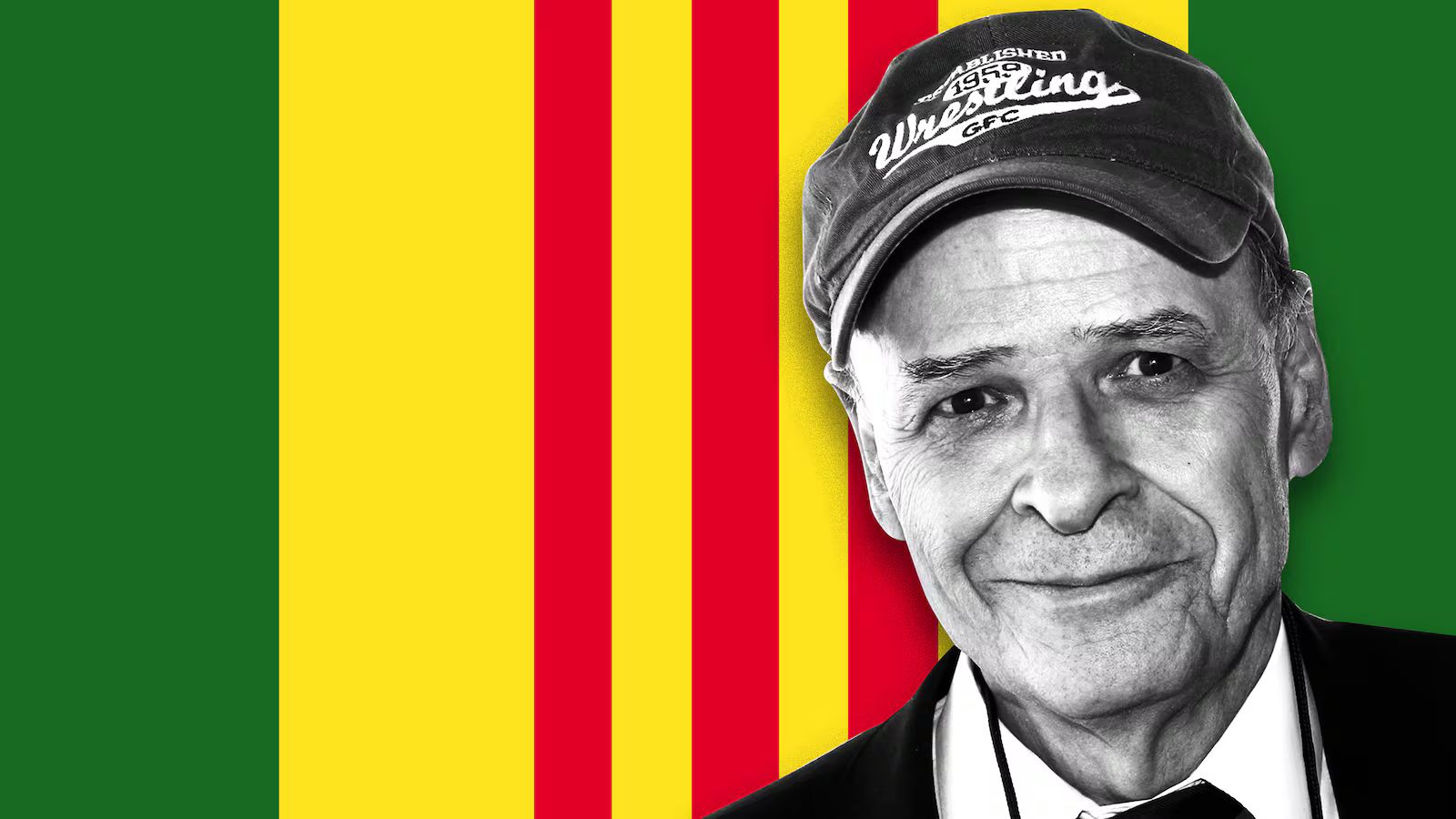 Portrait of acclaimed American author and Vietnam War veteran Tim O'Brien wearing a dark baseball cap, set against the yellow field and three red stripes of the former South Vietnamese flag.