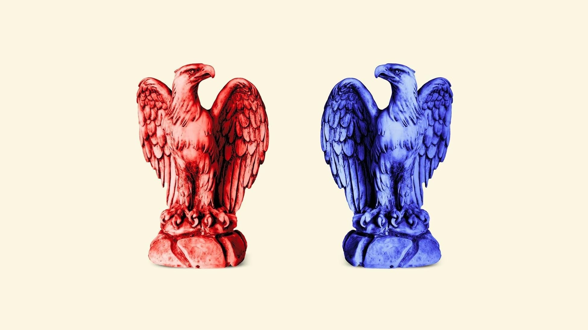Two stylized eagle statues, one red and one blue, stand facing opposite directions against a neutral background.