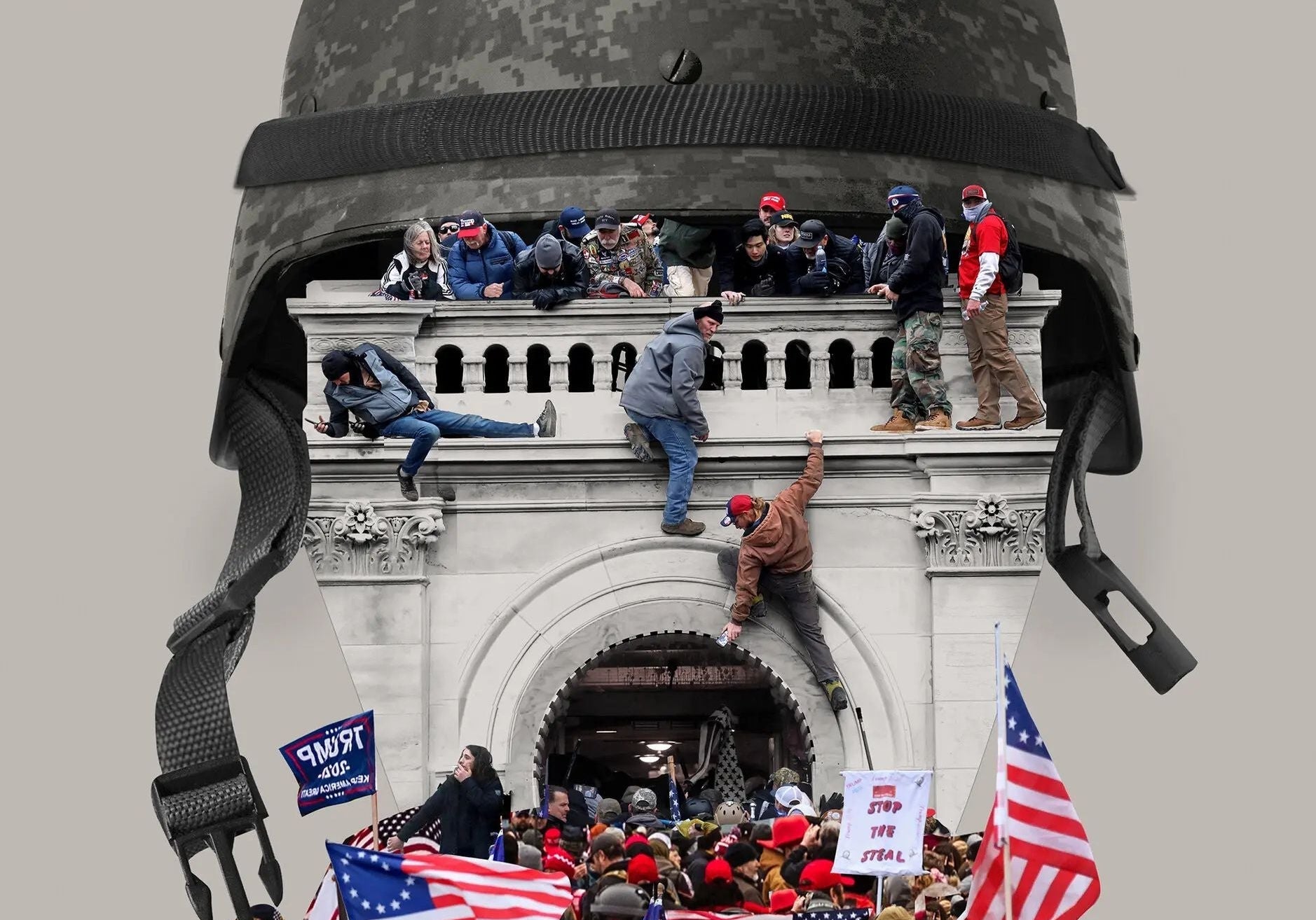 Illustration combining a U.S. Army combat helmet with scenes from the January 6, 2021, Capitol riot, showing rioters climbing the Capitol's west front above a crowd carrying American and Trump flags.