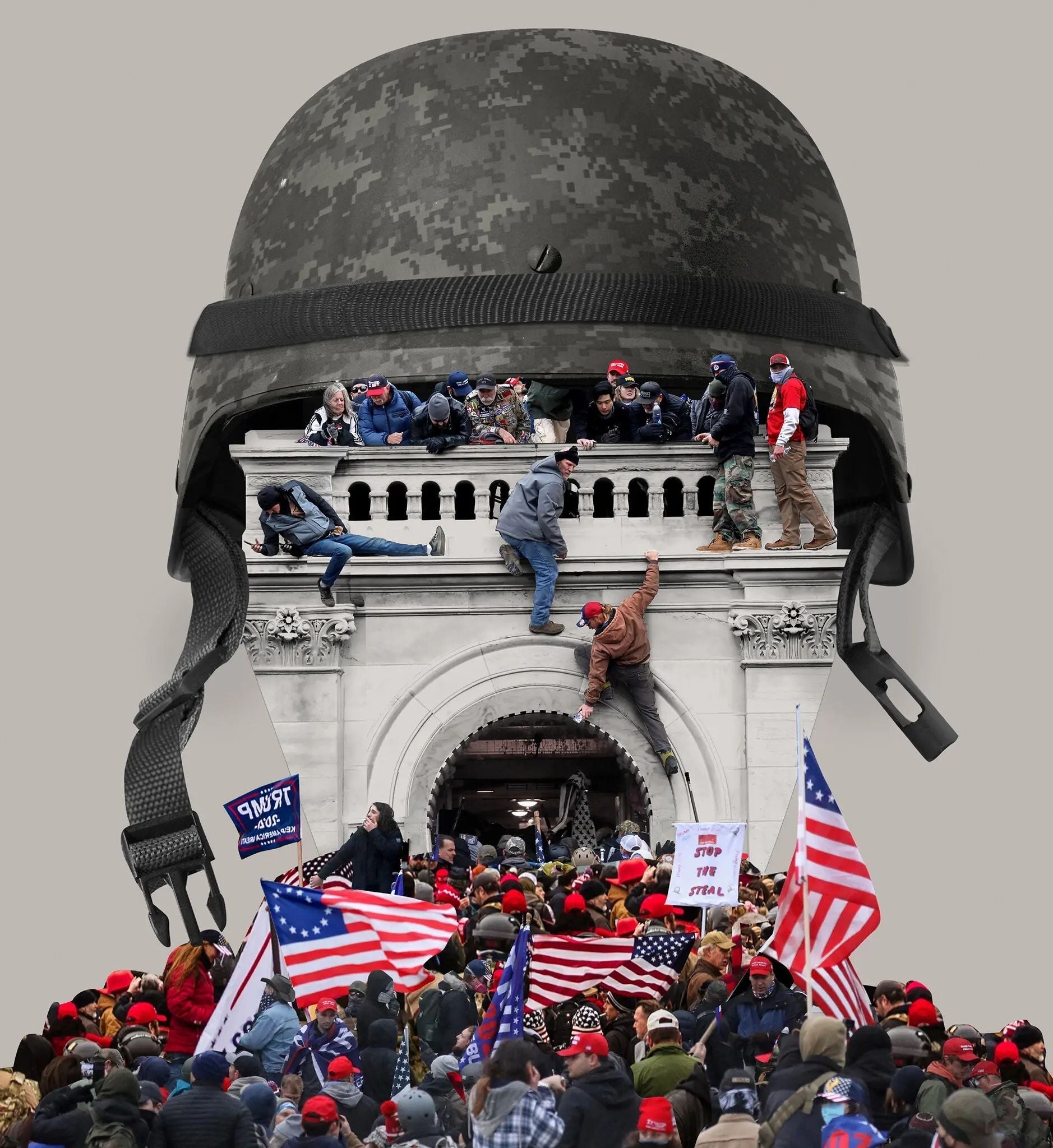 Illustration combining a U.S. Army combat helmet with scenes from the January 6, 2021, Capitol riot, showing rioters climbing the Capitol's west front above a crowd carrying American and Trump flags.