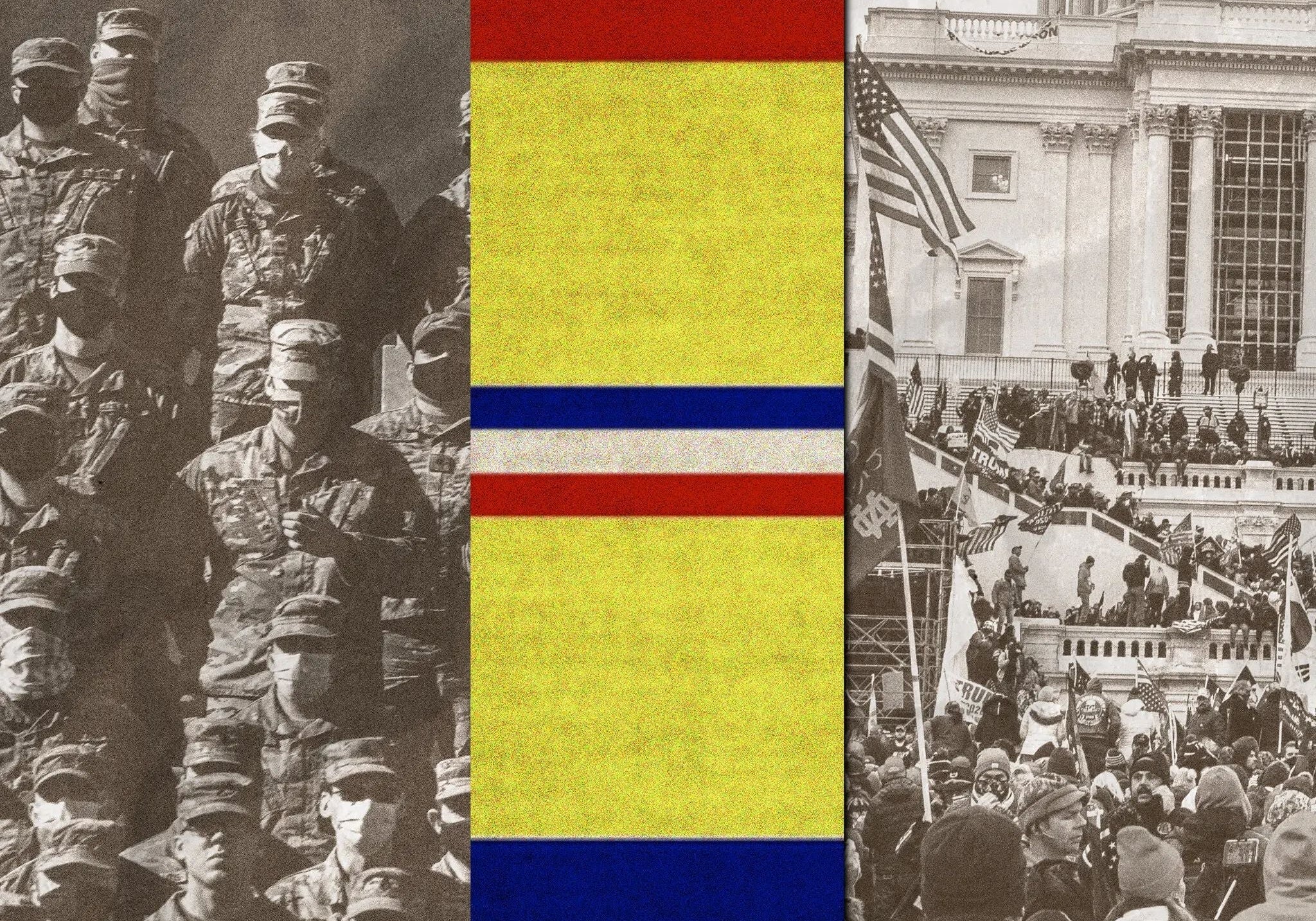 Stylized editorial graphic showing rows of uniformed U.S. military personnel on the left, a military service ribbon in the center, and a crowd gathered at the U.S. Capitol during the January 6 attack on the right.