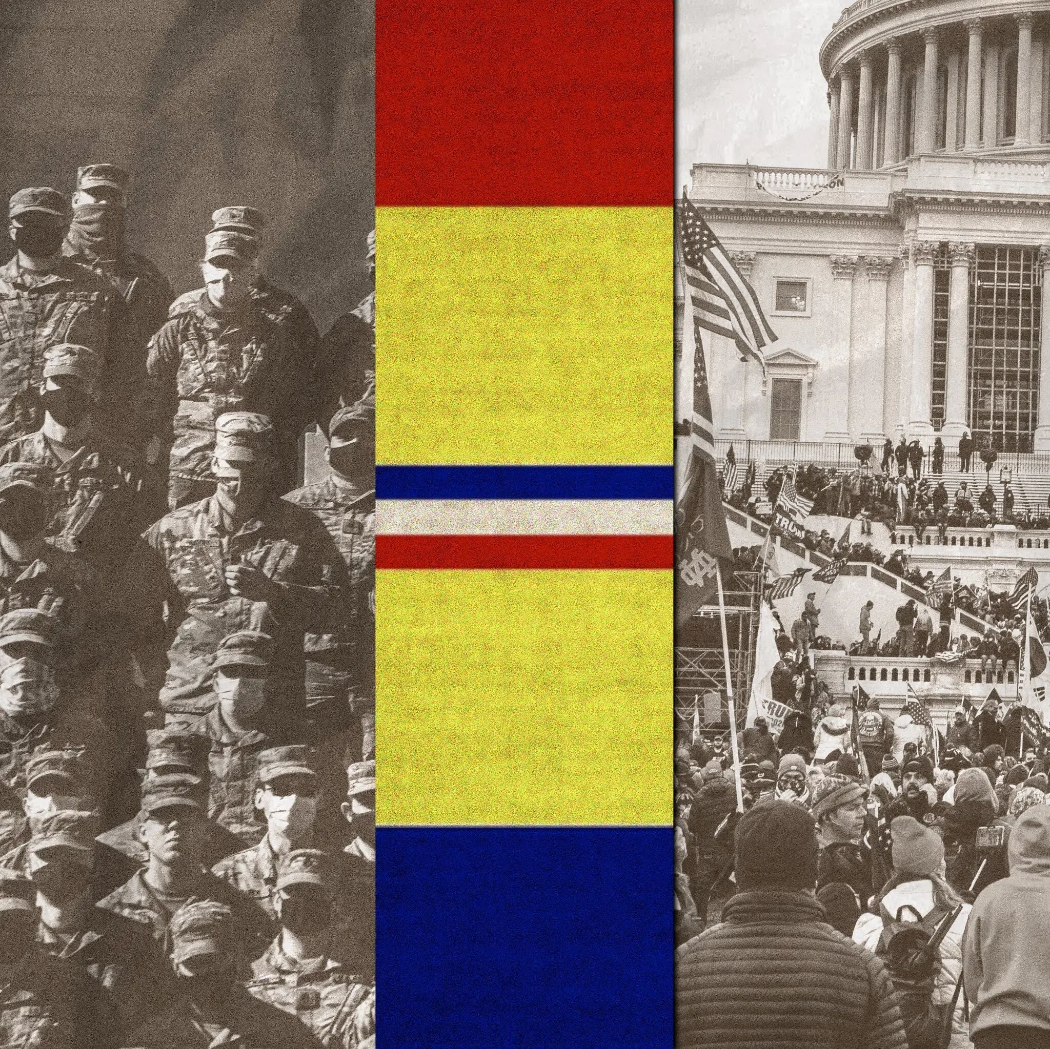 Stylized editorial graphic showing rows of uniformed U.S. military personnel on the left, a military service ribbon in the center, and a crowd gathered at the U.S. Capitol during the January 6 attack on the right.