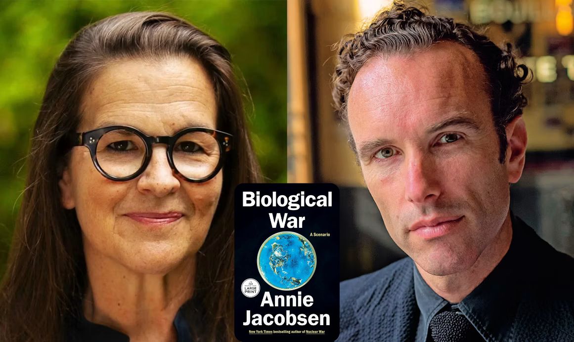 Portraits of Annie Jacobsen and Elliot Ackerman displayed side by side, with the cover of Biological War: A Scenario by Annie Jacobsen centered between them.
