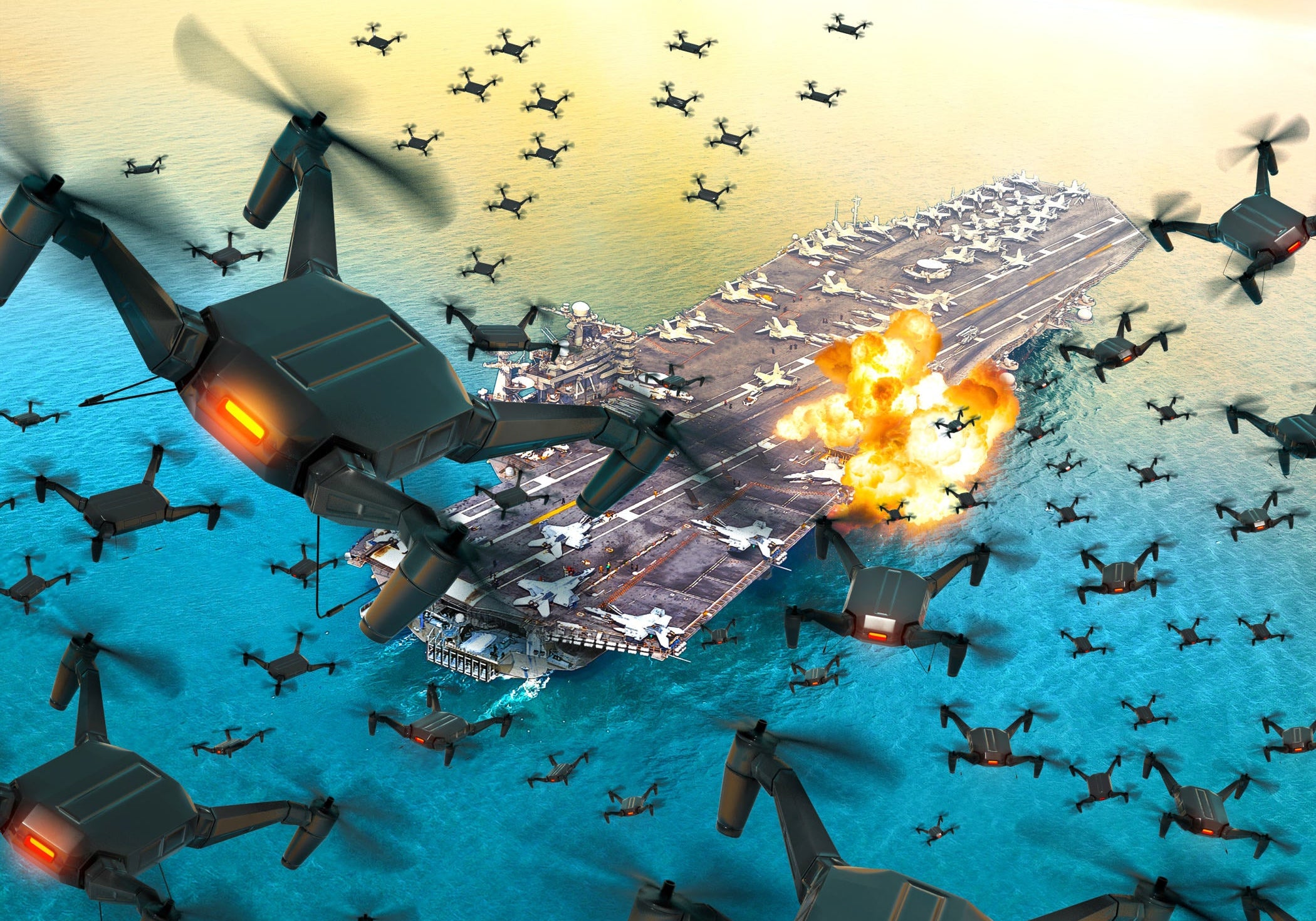 Illustration of a swarm of military drones attacking an aircraft carrier at sea, with an explosion on its flight deck.