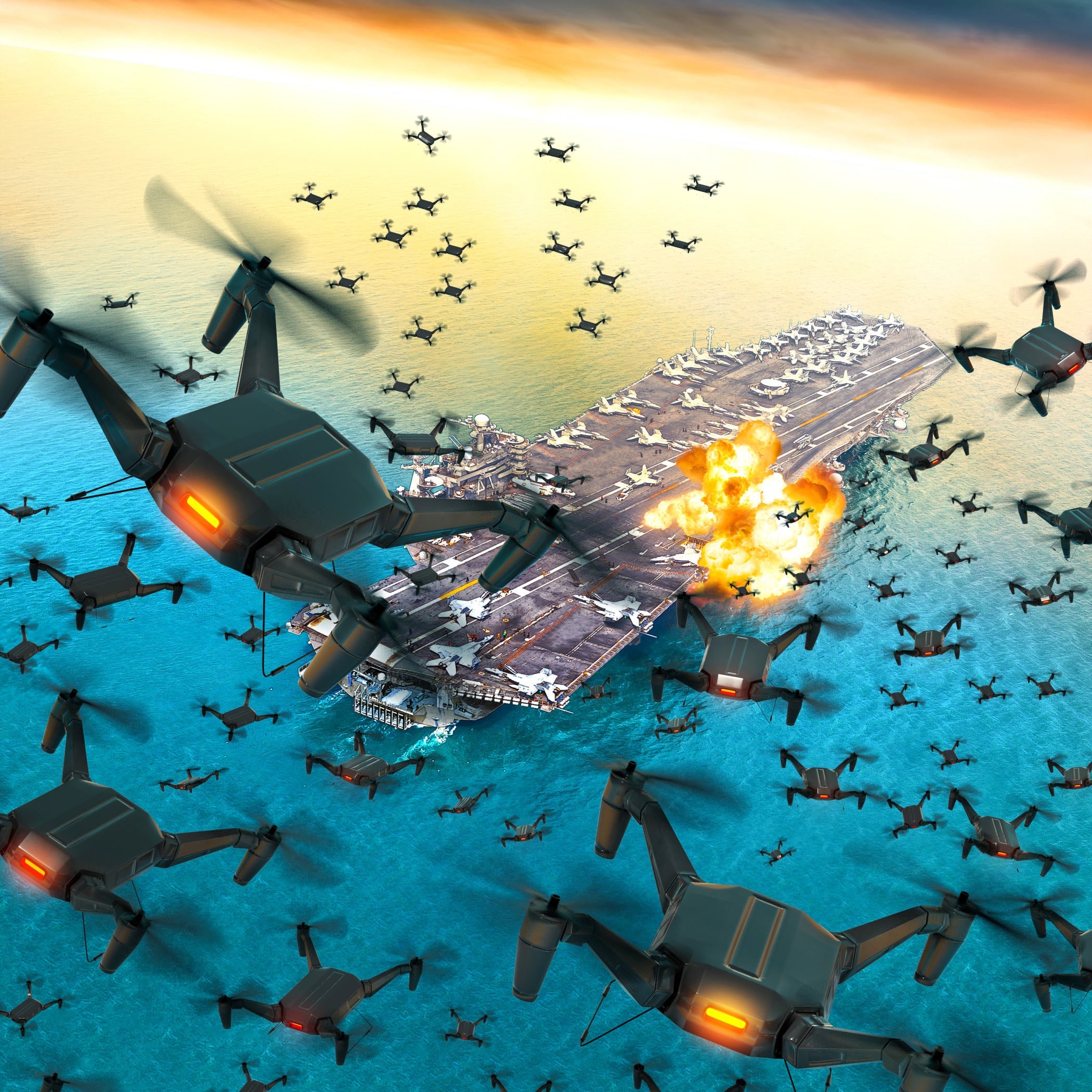 Illustration of a swarm of military drones attacking an aircraft carrier at sea, with an explosion on its flight deck.