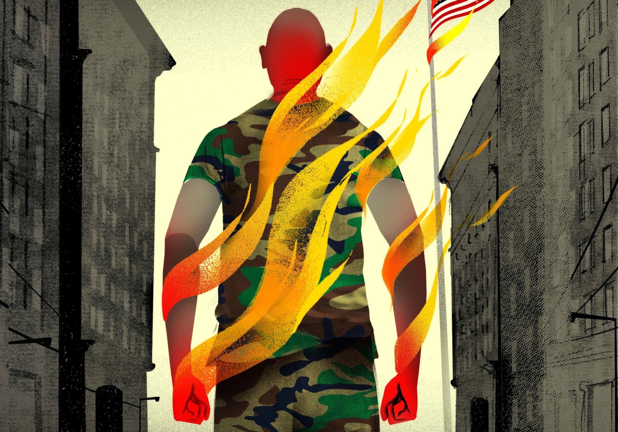 Illustration of a soldier in camouflage seen from behind, arms wreathed in flame, standing in a grayscale city street facing an American flag.