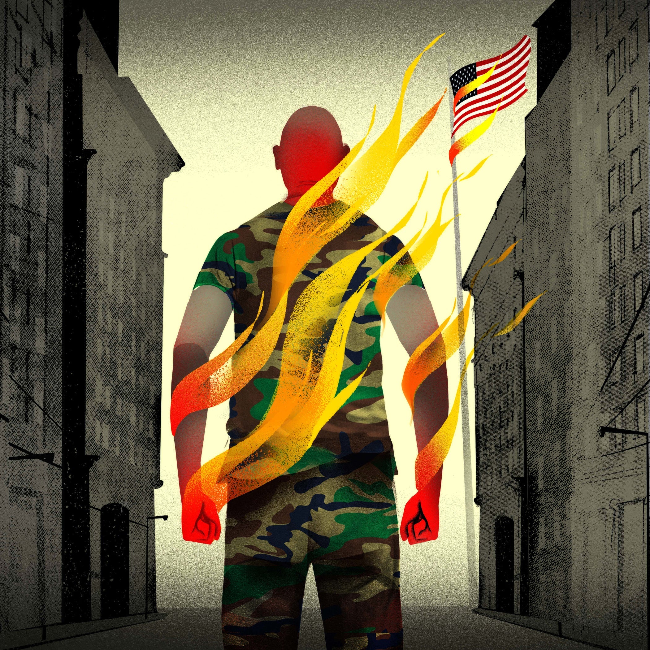 Illustration of a soldier in camouflage seen from behind, arms wreathed in flame, standing in a grayscale city street facing an American flag.