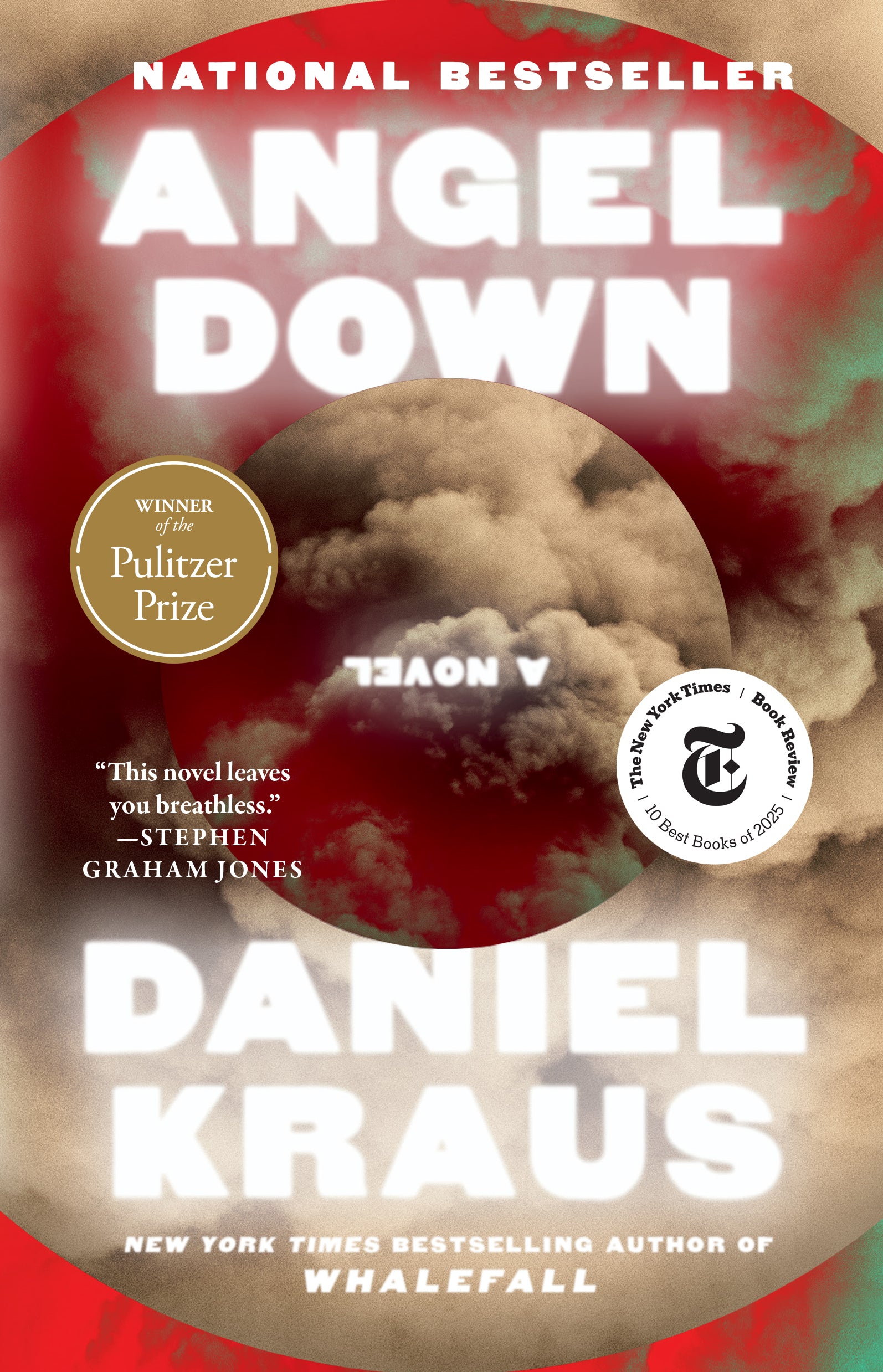 Cover of Angel Down by Daniel Kraus, featuring white title lettering against red and dark clouds.