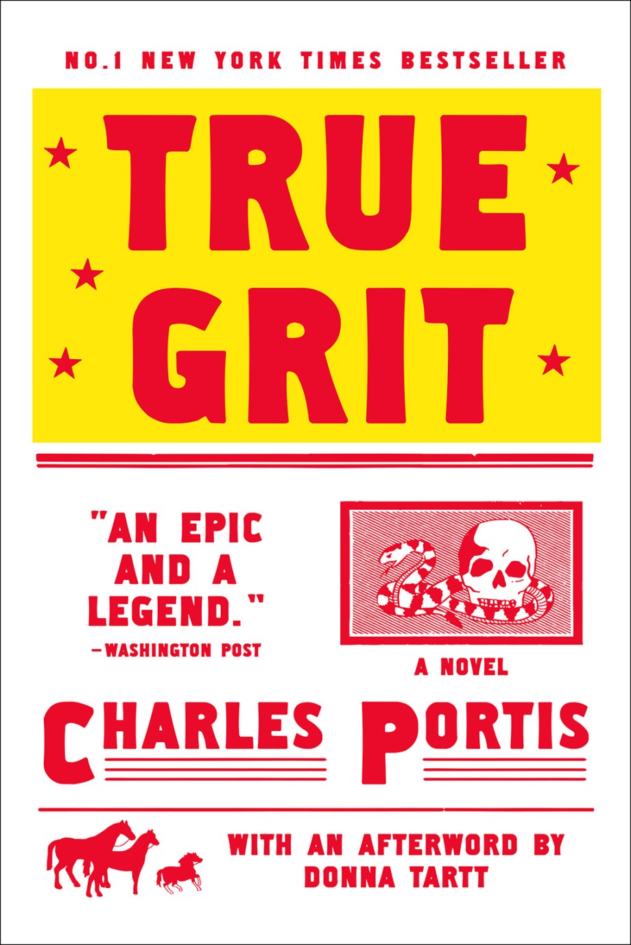Cover of True Grit by Charles Portis, featuring red lettering, a yellow title panel, and frontier illustrations on a white background.
